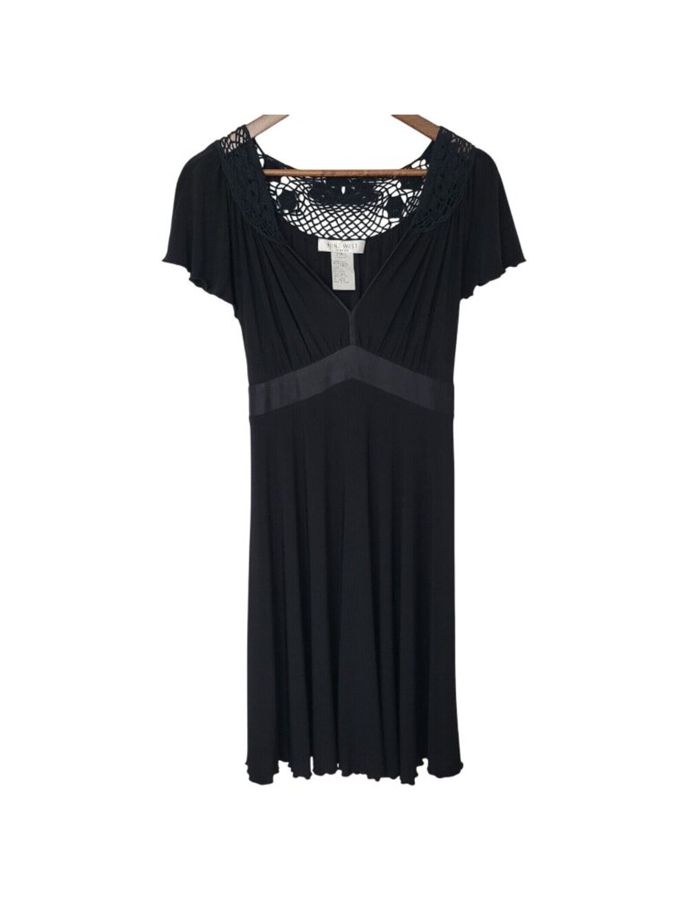 Nine West V-Neck Dress Womens Size 6 Black Cochet Tie Waist Witchy Whimsigoth